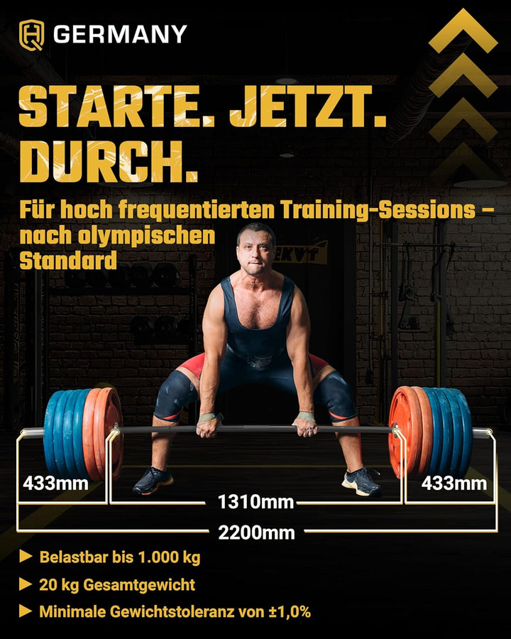 HQ Germany® Powerlifting Olympia Langhantelstange | 50mm, 220cm | 6 Graphitlager | 200.000 PSI, 700k
