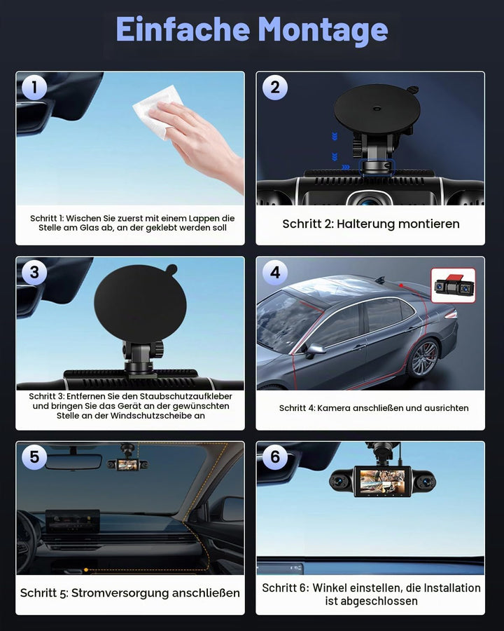 Hikity 5-Kanal-Dashcam, 360° Dashcam 1080P*4 Vorne und Hinten Innen Links Rechts, Autokamera mit 64G