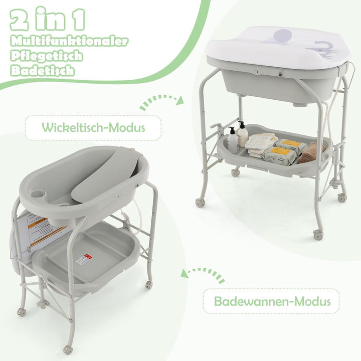 COSTWAY 4 in 1 Wickeltisch klappbar mit Badewanne, tragbare Wickelkommode mit Wickelauflage, mobile
