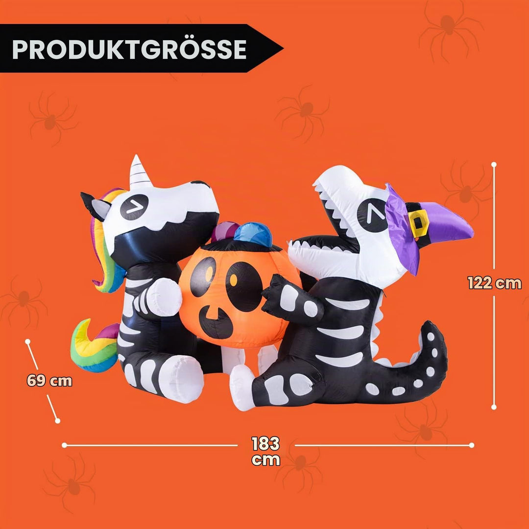 Joiedomi 1,8 m langes Halloween Aufblasbares Sitzendes Skelett Einhorn und Dinosaurier Halten Kürbis