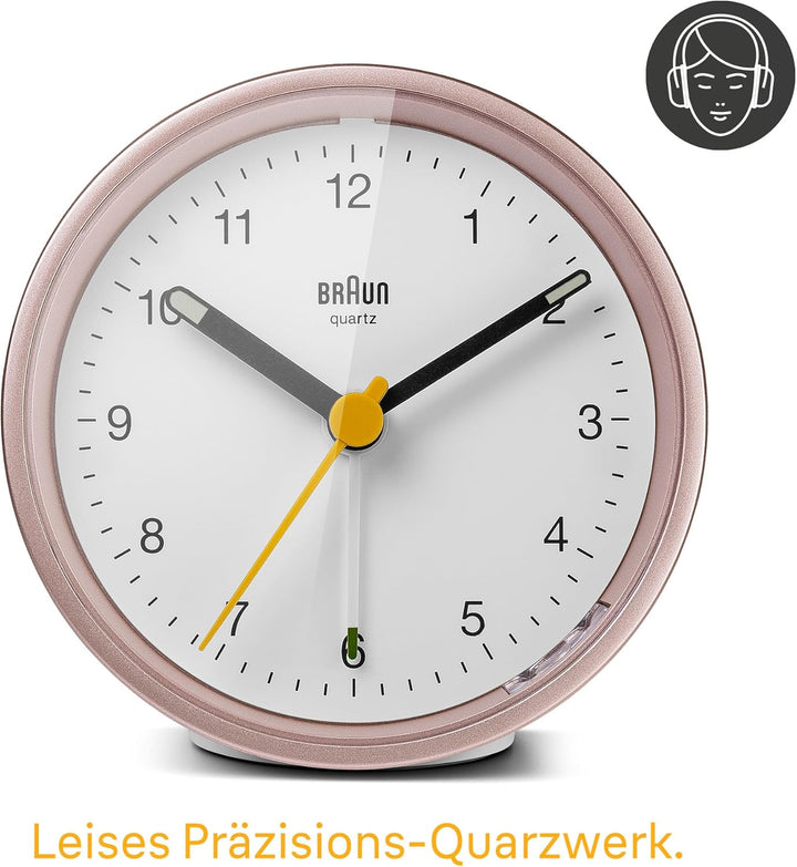 Braun Klassischer analoger Wecker Schlummerfunktion und Licht, ruhiges Quarzuhrwerk, Crescendo-Alarm