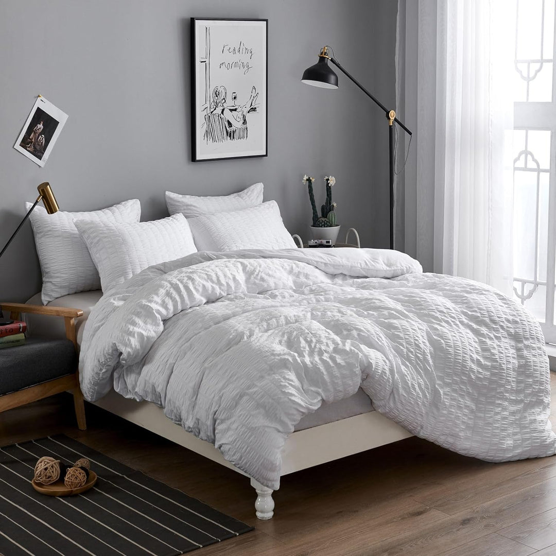 Freyamy Seersucker Bettwäsche 220x240cm 3teilig Weiss Geprägt Streifen Strukturiert Bettwaren-Sets U