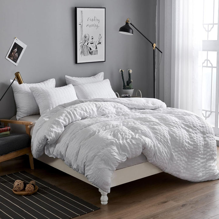 Freyamy Seersucker Bettwäsche 220x240cm 3teilig Weiss Geprägt Streifen Strukturiert Bettwaren-Sets U