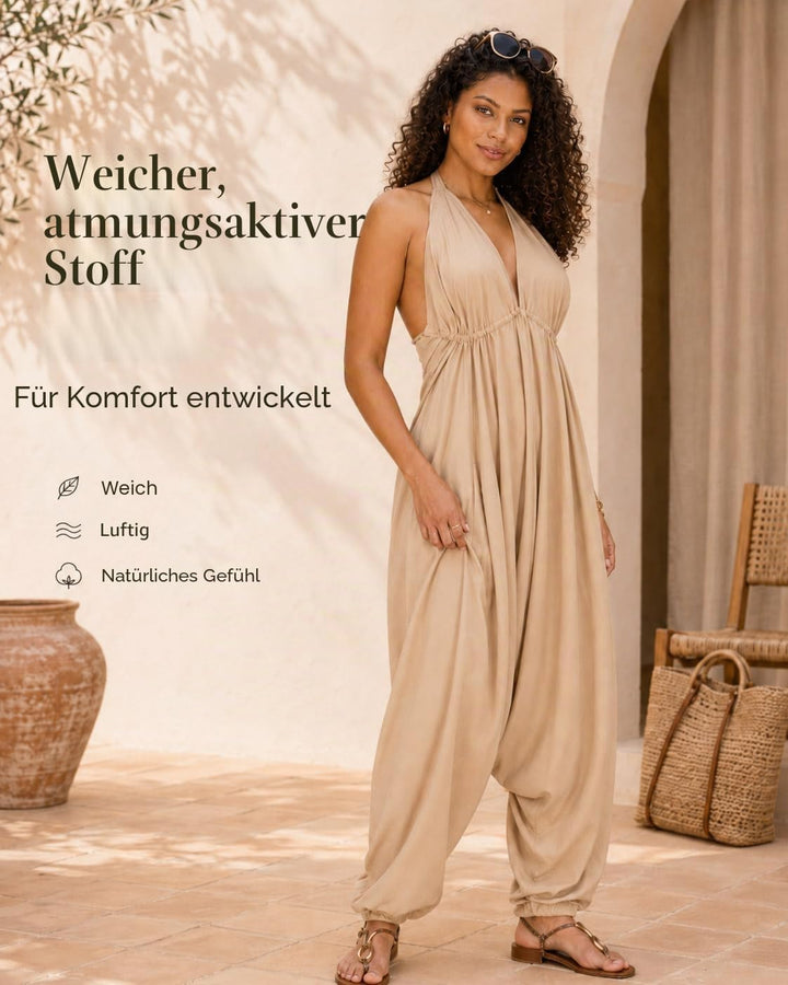 likemary Jumpsuit Damen Sommer – Luftiger Neckholder Overall mit Taschen – Boho Einteiler Damen mit