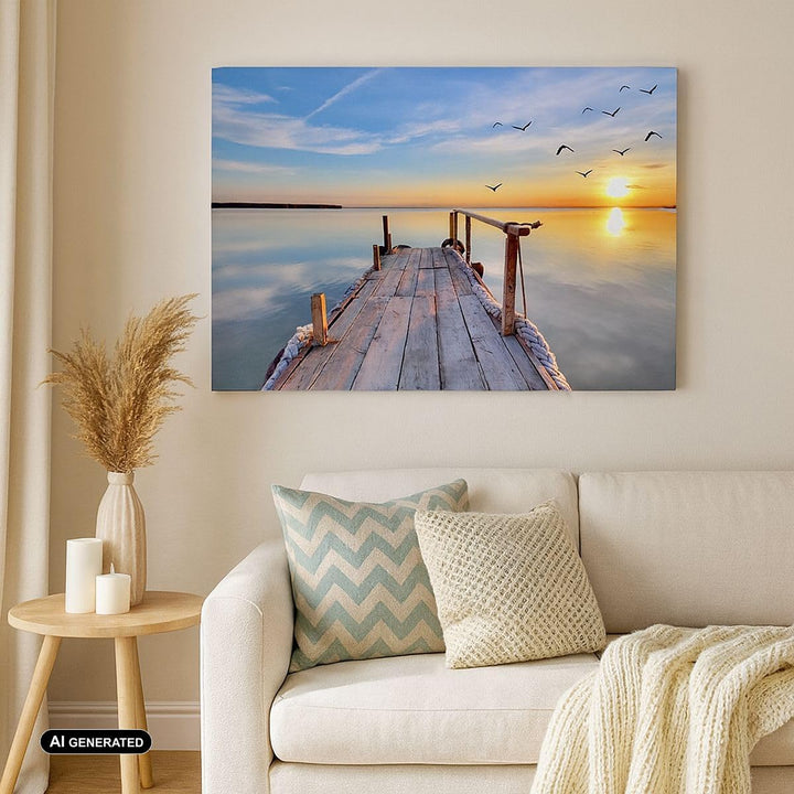 ARTTOR Bilder auf Leinwand 100x70cm Leinwandbild See Natur Brücke Vögel Gross Wanddeko Bild Schlafzi