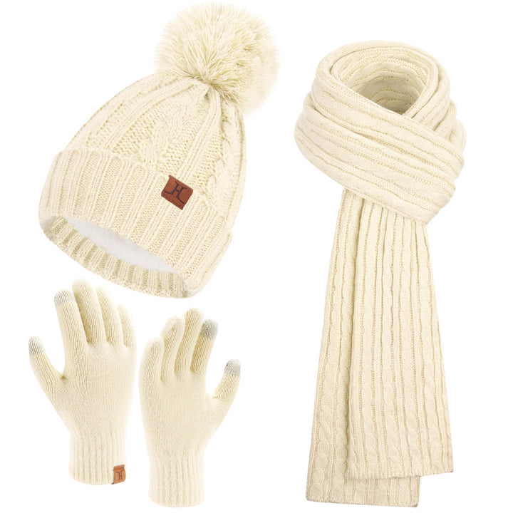 Bequemer Laden Damen Winter Warm Pompom Mütze Touchscreen Handschuhe Lang Schal Set mit Fleece Gefüt