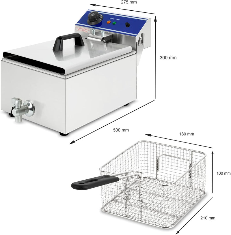 VERTES Friteuse aus Edelstahl 10 Liter Fassungsvermögen, 50-200°C, 3000W, 230V, Kaltzonenprinzip, Pr