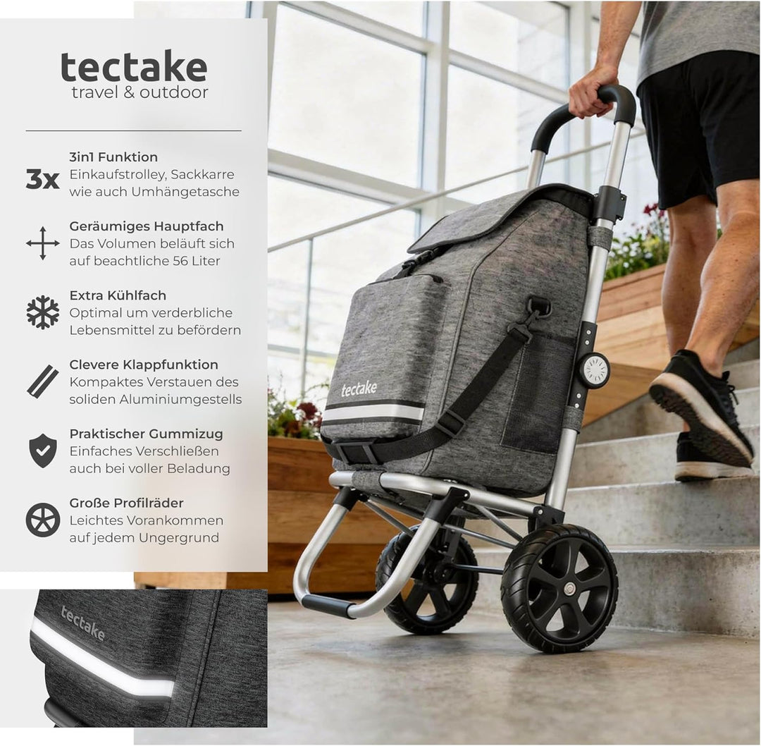 tectake® Einkaufstrolley 3-in-1 klappbar mit Kühltasche, 30 kg belastbar, 45,5 L, Einkaufsroller, Sh
