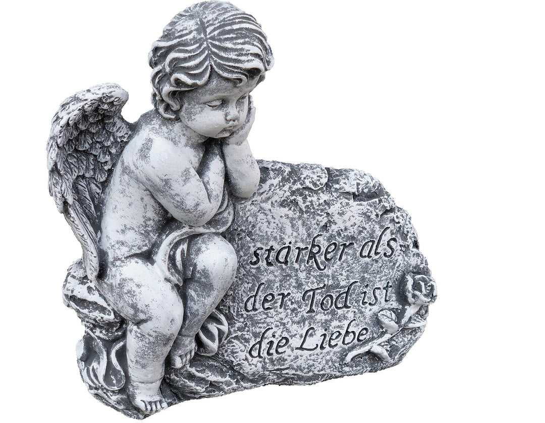 stoneandstyle Grabschmuck Steinfigur Engel am Fels mit Trauerspruch, massiver Steinguss, Frost- und