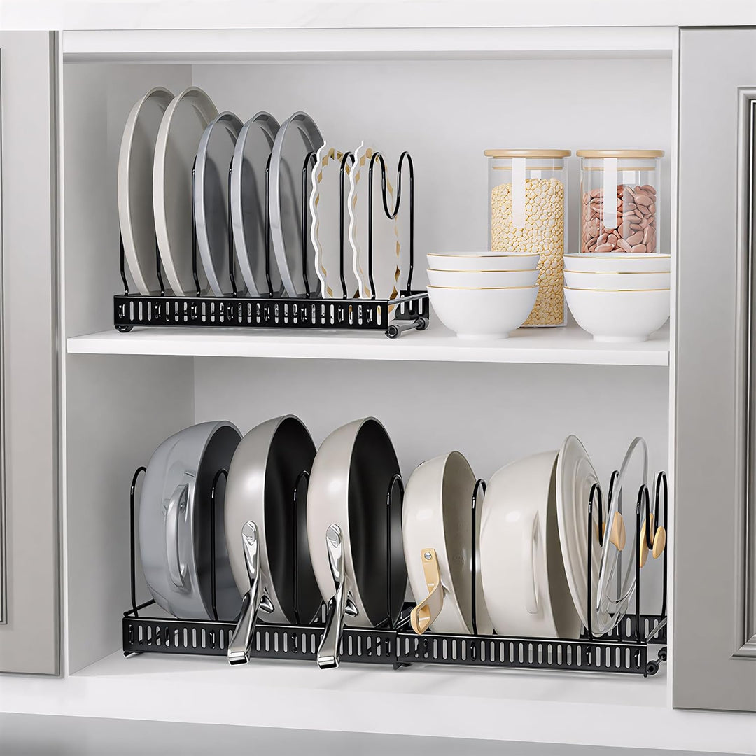 Verstellbarer Topf - Pfannenorganizer 2 teilig mit 20 Fächern, Ausziehbarer Topfdeckelhalter für Küc