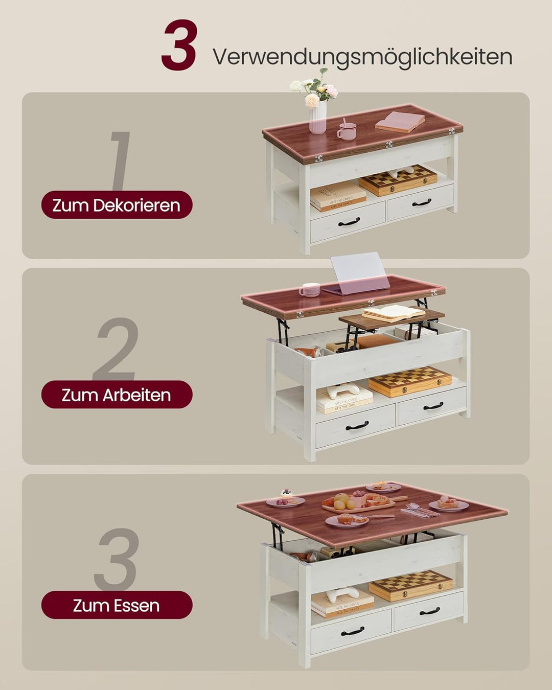 VASAGLE Couchtisch, höhenverstellbarer Wohnzimmertisch, Gaszylinder, 2 Schubladen, 3 Fächer unter de