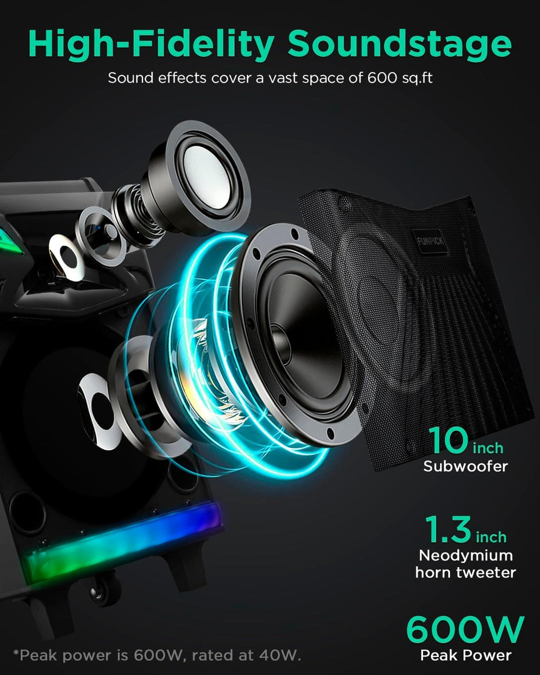 DSP Bluetooth Karaoke Maschine mit 2 mikrofonen Lautsprecher, 600W 10&