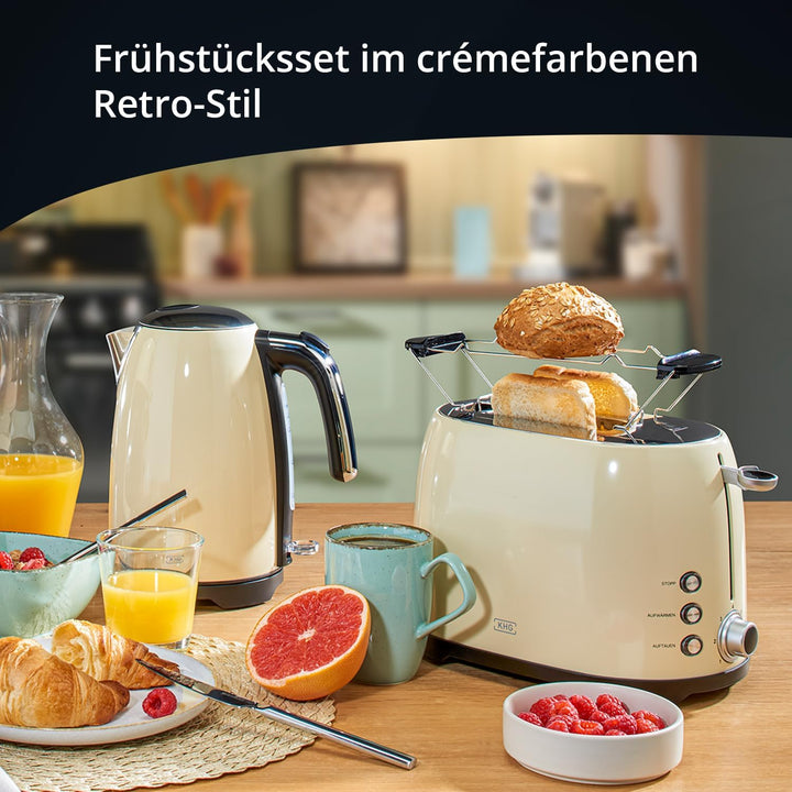 KHG Retro Frühstücksset | Toaster 2 Scheiben mit Brötchenaufsatz, 7 Bräunungsstufen 800W | Wasserkoc