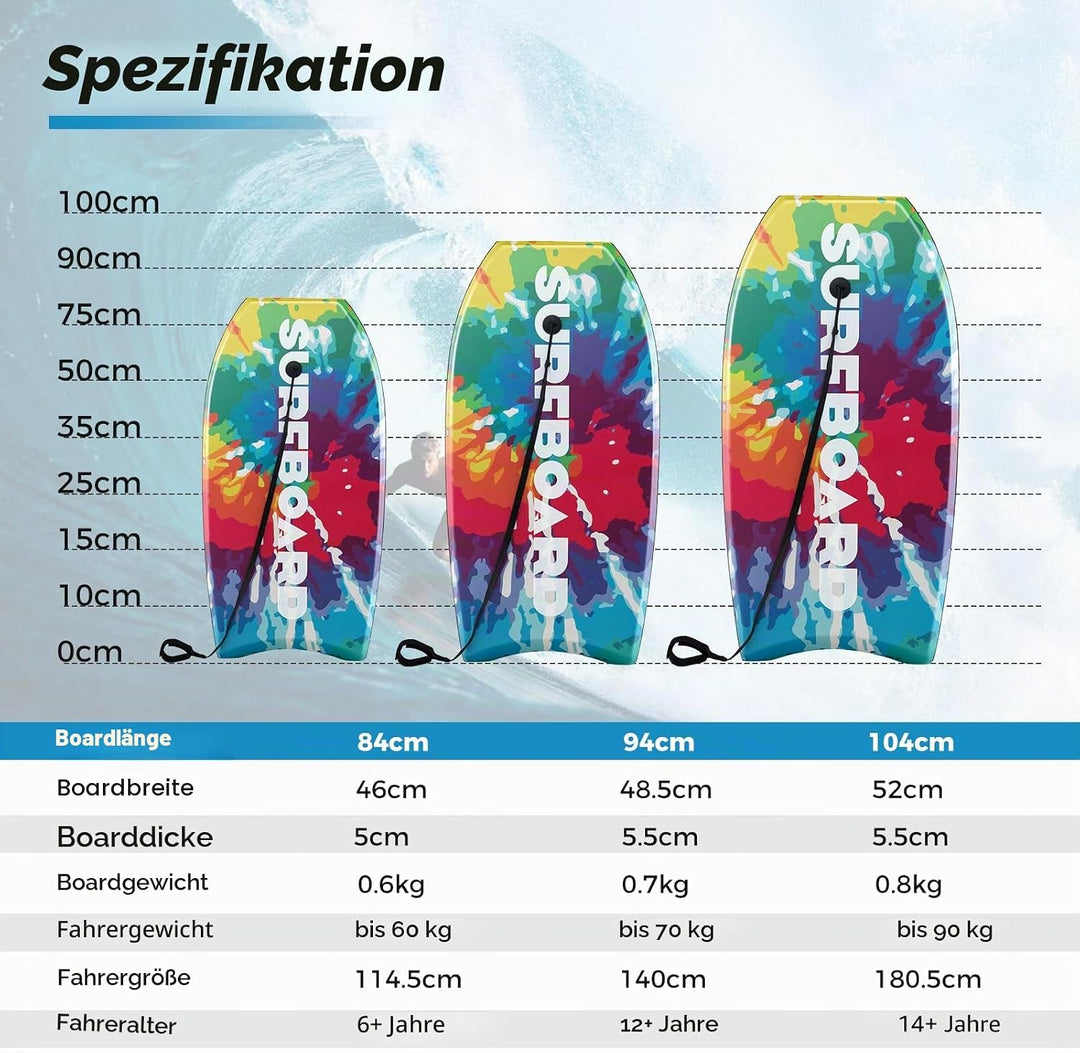 HOMASIS Leichtes Bodyboard, Surfbrett mit EPS-Kern, XPE-Deck, HDPE-Boden &amp; Handgelenk-Leash, Surfboa