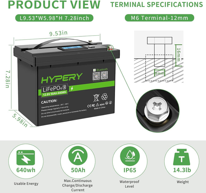 Smart LiFePO4 Akku, 12V 50AH Lithium Batterie mit Bluetooth zur Überwachung der Batterie SOC Daten,