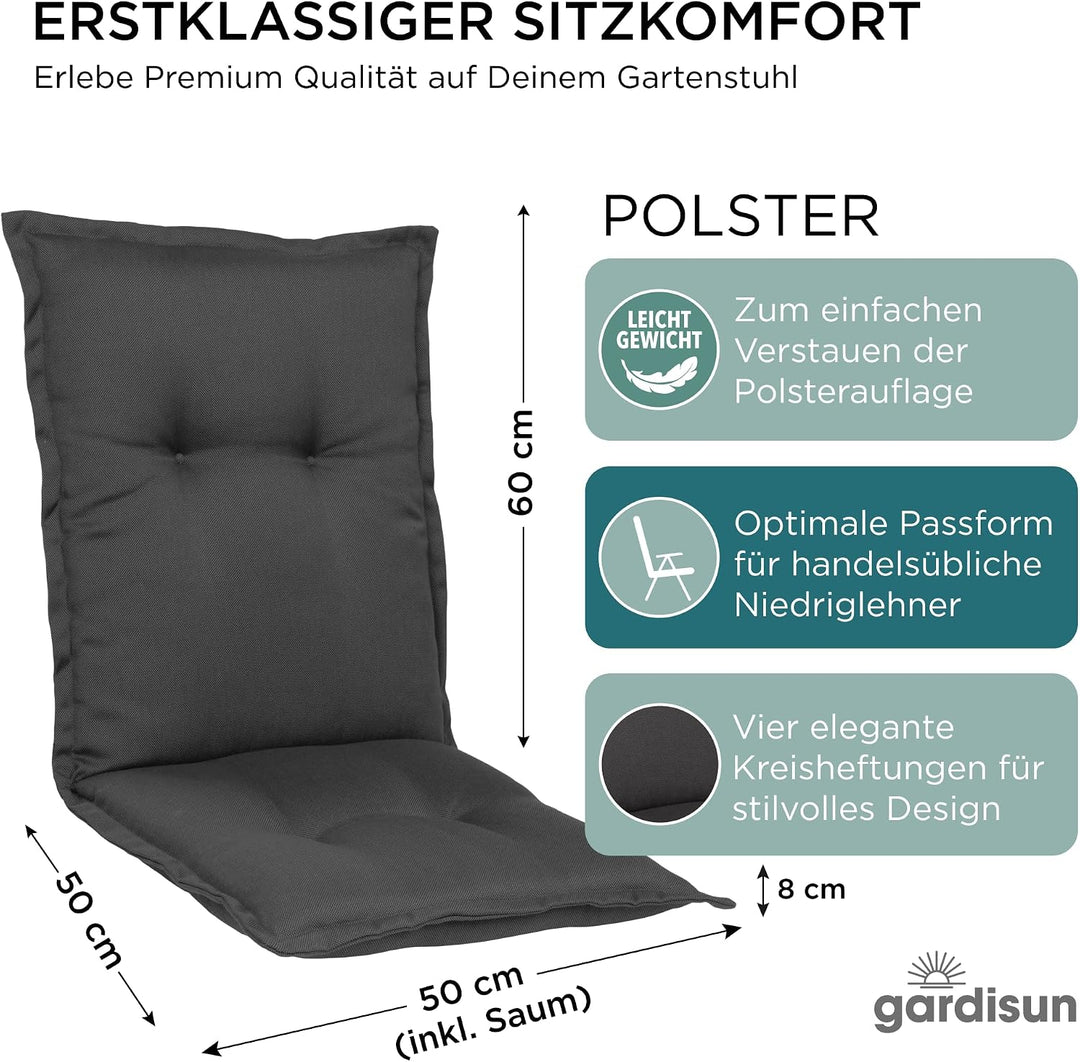 Gartenstuhlauflagen Niedriglehner, 1er Set, Anthrazit | Extra Dicke Sitzauflagen, Made in EU, Stuhla