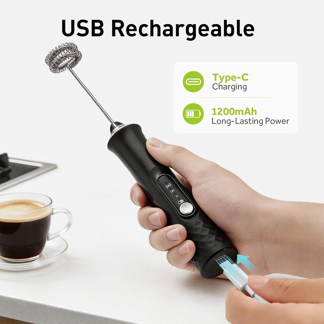 Milchaufschäumer Elektrisch Stab, USB Wiederaufladbar Milchschäumer mit 3 Abnehmbarer Edelstahl-Sch