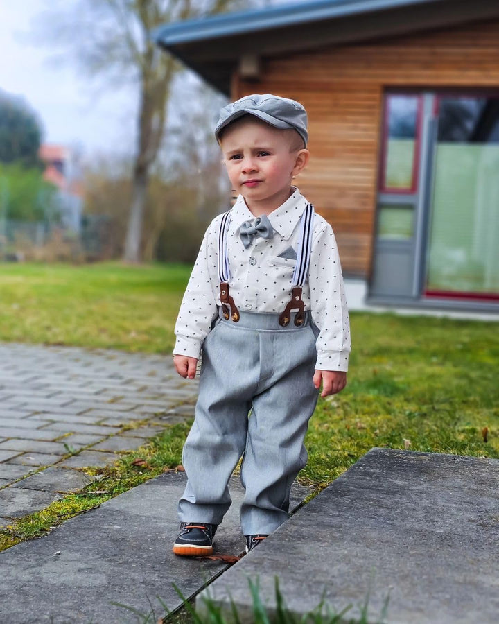 Volunboy Baby Jungen Anzug Set Bekleidung Hemd mit Fliege + Hosenträger Hosen + Barette Strampler An