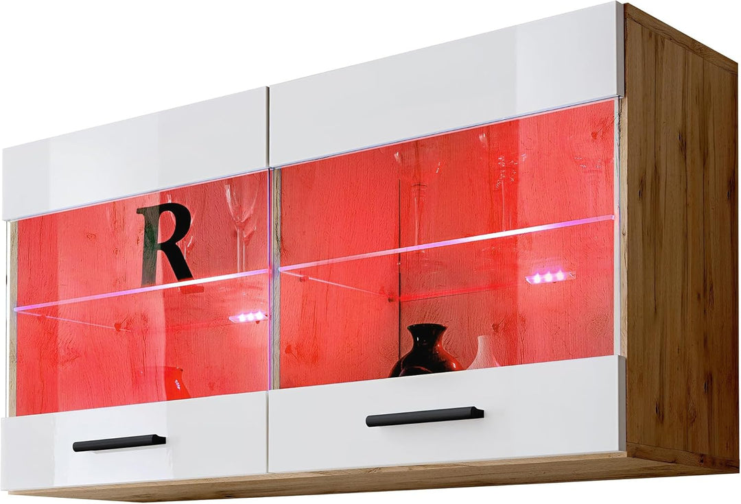 Komodee, Vitrine Schrank Savona, Wotan/Weiss, Breite 100cm x Höhe 50cm x Tiefe 30cm, LED RGB, 2 Glas