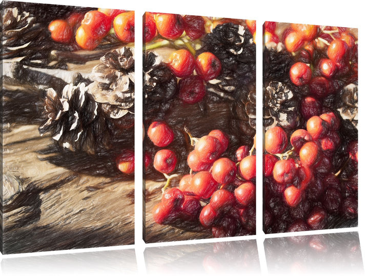 Pixxprint Vogelbeeren und Tannenzapfen / 3-Teilig/Gesamtmass 120cm Leinwandbild bespannt auf Holzrah