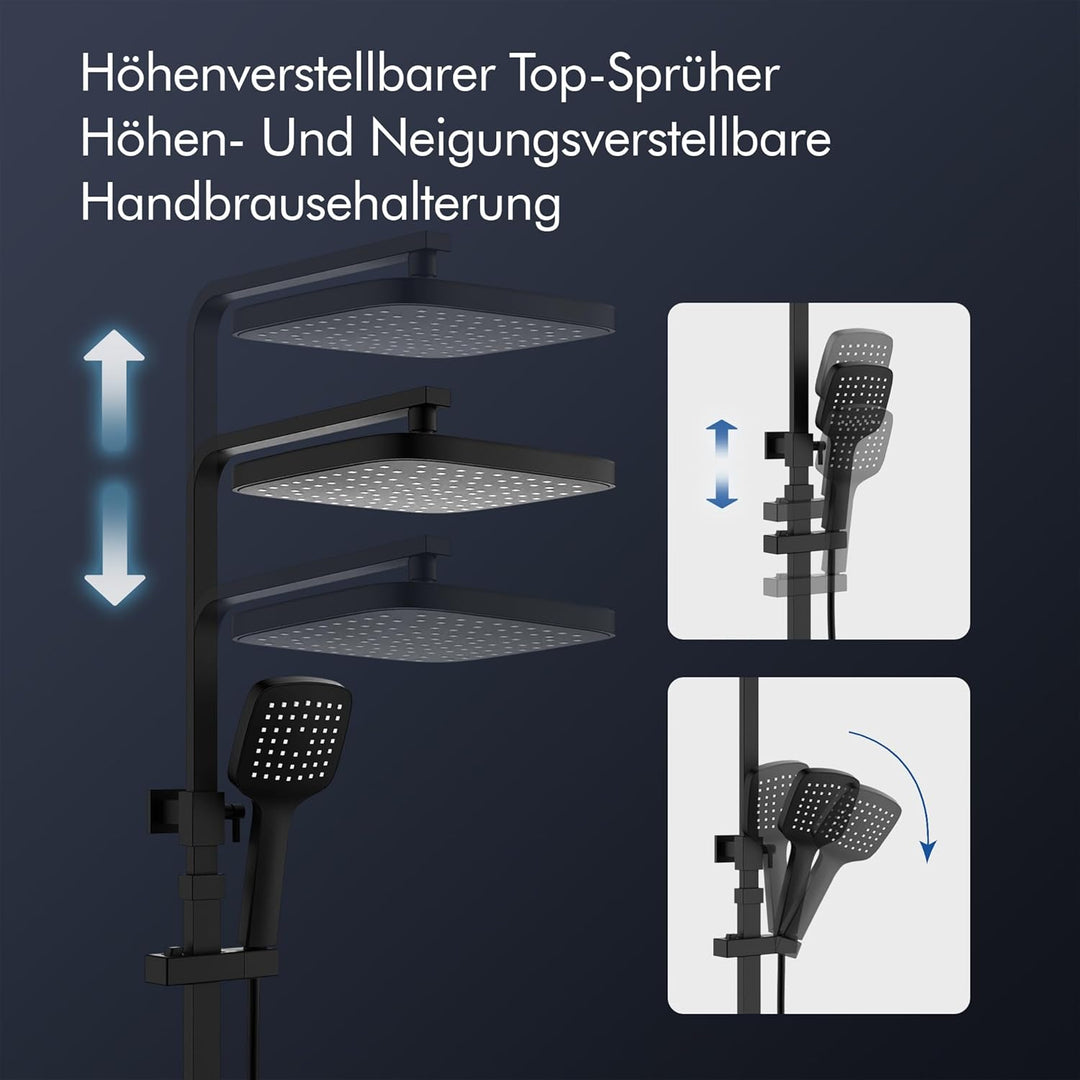 HOMELODY Duschsystem mit Thermostat & Duschablage Schwarz - Duscharmatur Komplettset mit Handbrause