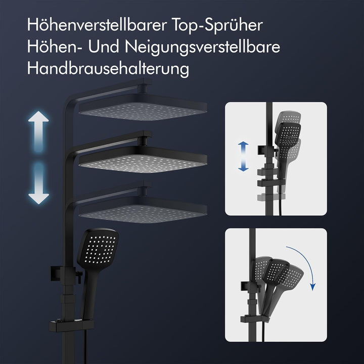 HOMELODY Duschsystem mit Thermostat & Duschablage Schwarz - Duscharmatur Komplettset mit Handbrause