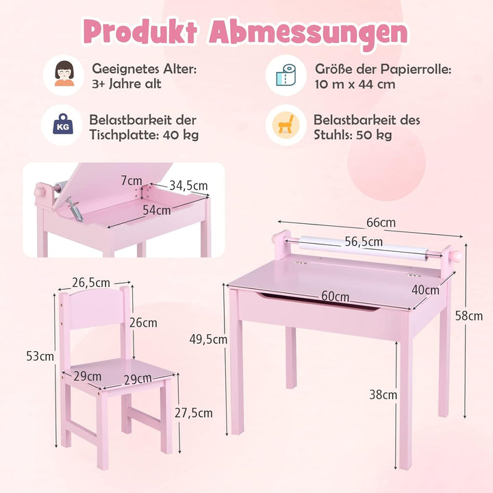 DREAMADE Schreibtisch Kinder mit Stuhl, Schülerschreibtisch aus Holz, Jugendschreibtisch, Kindertisc