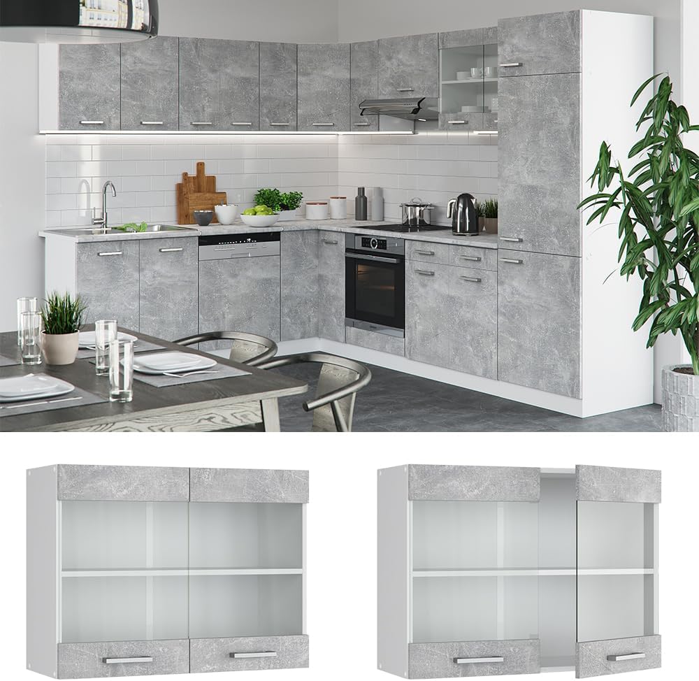 Vicco Küchenschrank Glas R-Line, Beton/Weiss, 80 cm Beton Hängeglasschrank 80cm, Beton Hängeglasschr