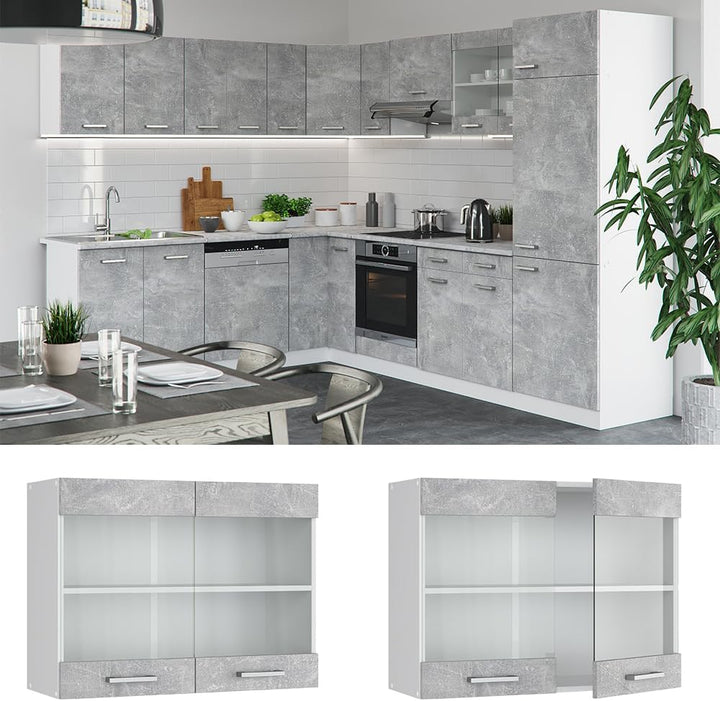 Vicco Küchenschrank Glas R-Line, Beton/Weiss, 80 cm Beton Hängeglasschrank 80cm, Beton Hängeglasschr