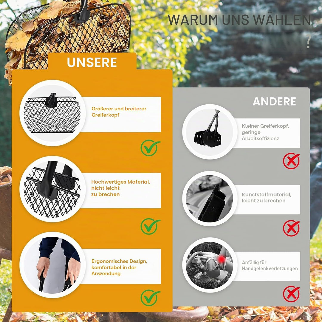 Laubgreifer mit langem Griff, kein Biegen, rücksparender Laubsammler, Graspflücker, Oberhofrechen mi