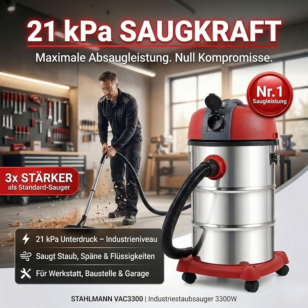 STAHLMANN VAC3300 Industriestaubsauger Nasssauger Trockensauger; 30L Tank, integrierte Steckdose, le