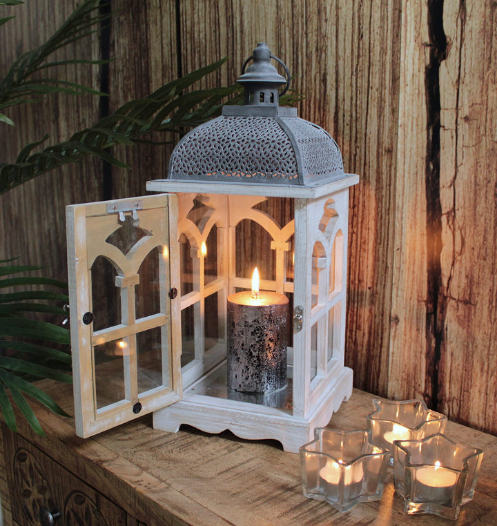 DARO DEKO Holz Laterne mit Echt-Glas Scheiben 18cm x 18cm x 42cm, 18cm x 18cm x 42cm