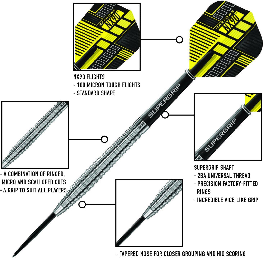 Harrows Steel Darts NX90 90% Tungsten Steeltip Dart Steeldart Hochwertiger Tungsten Dart 24 Gramm, 2