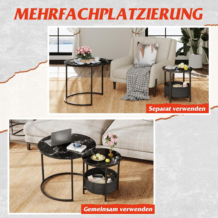 WLIVE Couchtisch Rund mit Stauraum, Beistelltisch Set Schwarz mit Metallrahmen, Wohnzimmertisch klei