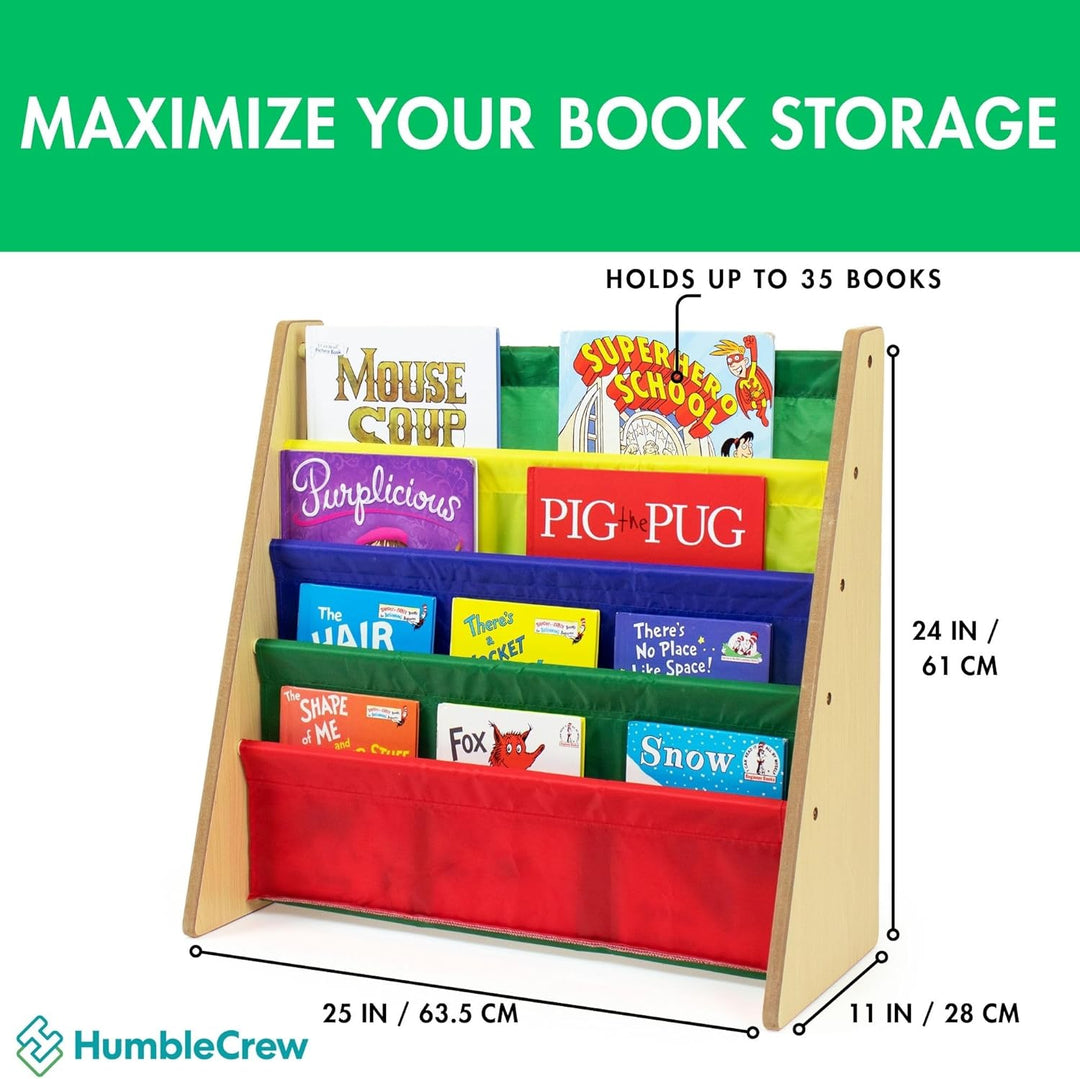 Humble Crew Kinder-Bücherregal aus Holz mit 4 Taschen, Natur- und Mehrfarbig Natural Wood/Primary, N