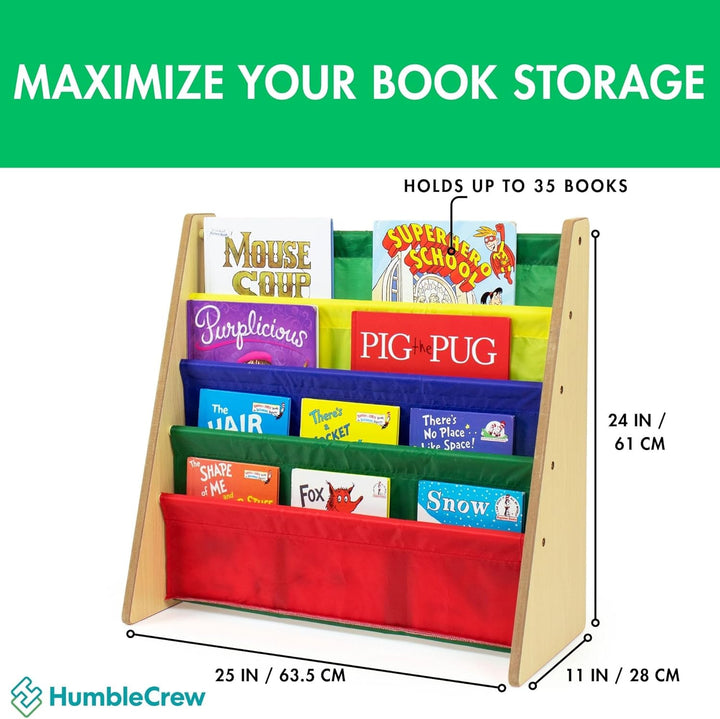 Humble Crew Kinder-Bücherregal aus Holz mit 4 Taschen, Natur- und Mehrfarbig Natural Wood/Primary, N