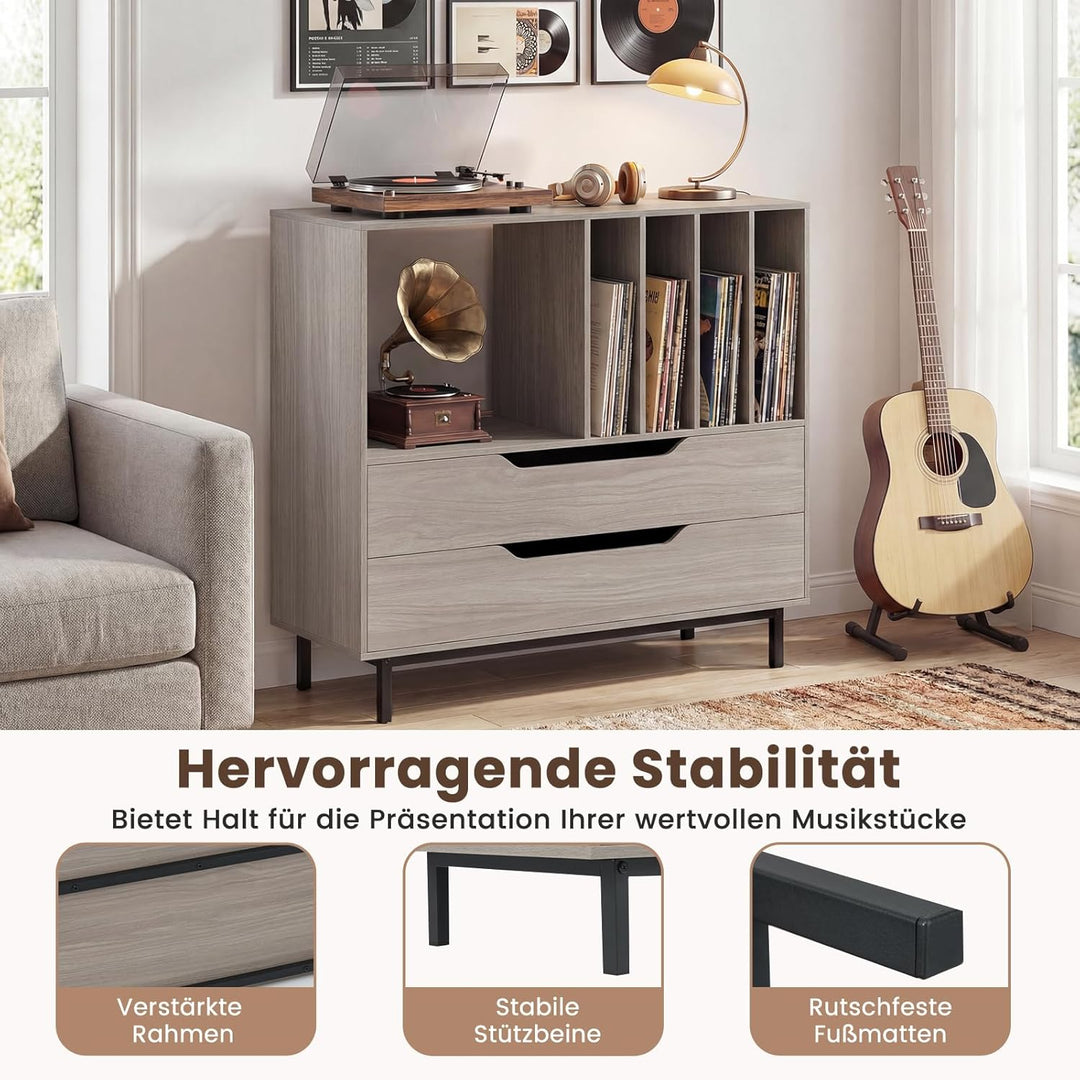 COSTWAY Plattenspielerständer, Mittelalter Plattenspielertisch mit offenem Fach, 4 Vinyl-Fächern & 2