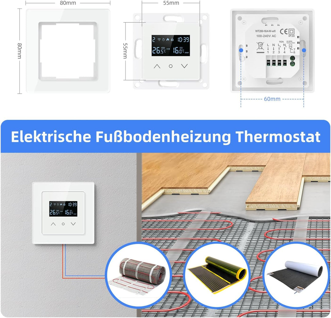 Samrt WiFi Themrmostat für Elektrische Fussbodenheizung, 55 x 55mm Standard, Glasfläche, Programmier
