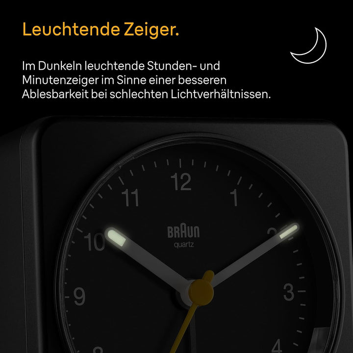 Braun Klassischer analoger Wecker Schlummerfunktion und Licht, ruhiges Quarzuhrwerk, Crescendo-Alarm