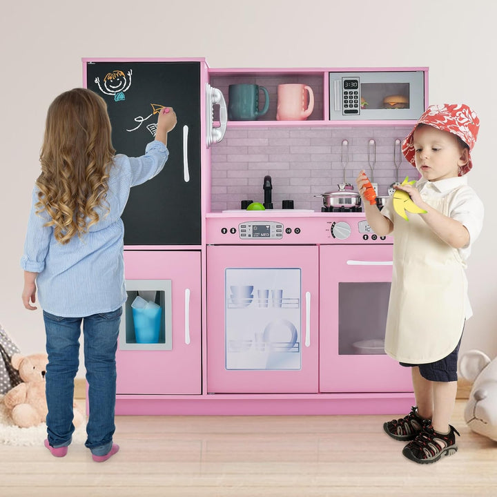 GOPLUS Kinderküche aus Holz, Kinderspielküche mit Mikrowellen, Backofen, Wasserbecken, Kreidetafel &