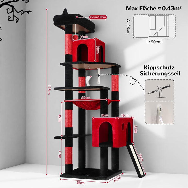 Globlazer Kratzbaum Gotisch Schwarz Rot Grosse hoch 178 cm mit Hängematte Weich, 2 Katzenhaus, Gepol
