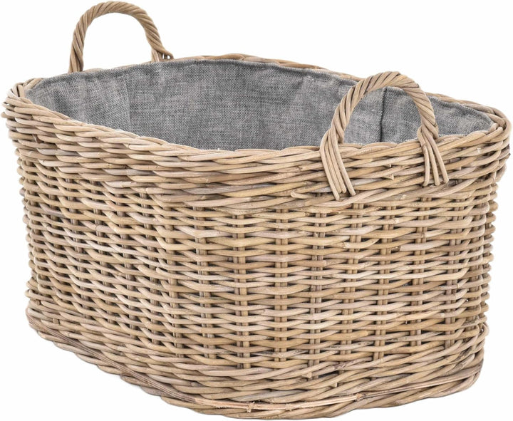Holzkorb für Kaminholz Rattan geflochten mit Griffen und Stoff Tragekorb Holz (Grau Natur, 64x50cm)