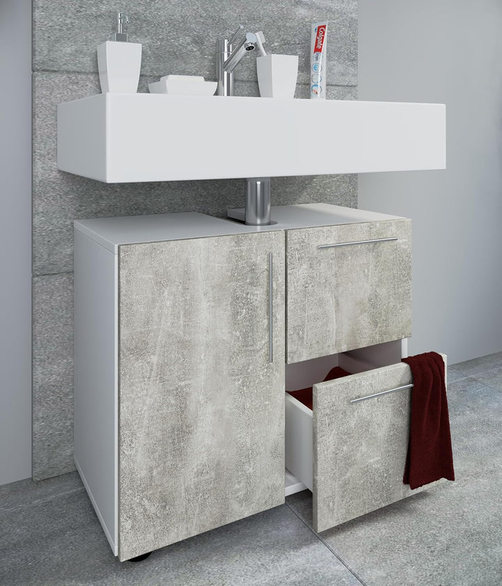 VCM Badmöbel Badunterschrank Waschbeckenunterschrank Badezimmer Flandu Schublade Weiss/Beton-Optik W