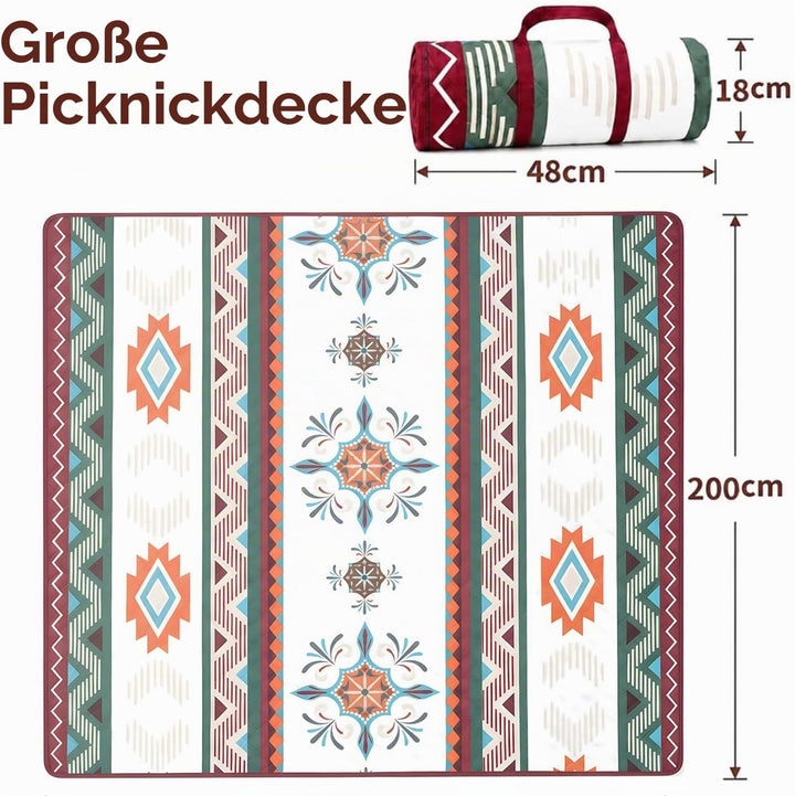 Picknickdecke Boho Wasserdicht 200x200cm – Stranddecke Sandfrei &amp; Waschbar, Extra Gross Outdoor Deck