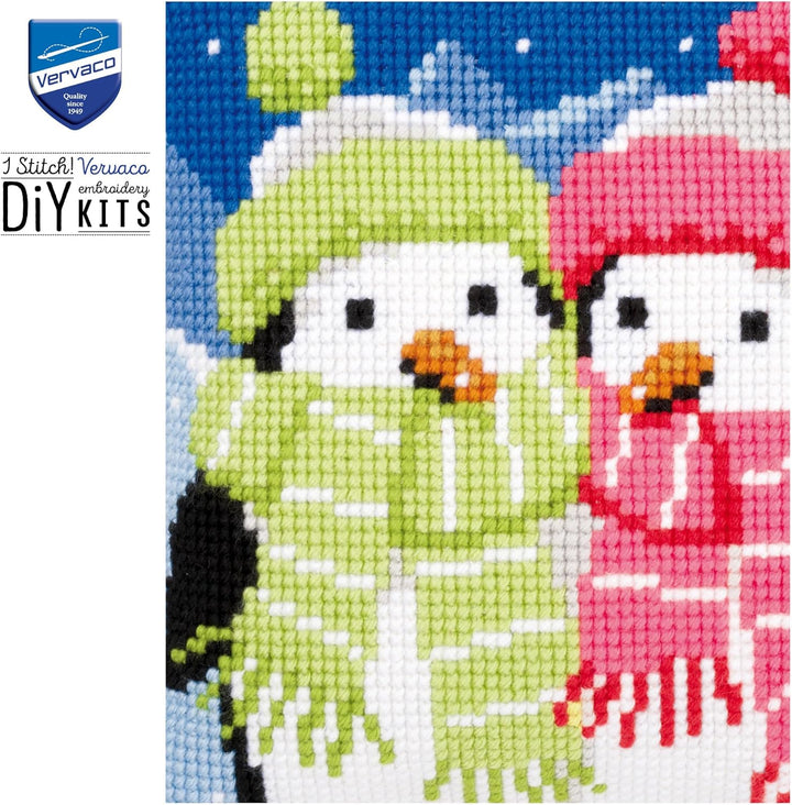 Vervaco Pinguine mit Schal Kreuzstichkissen/Stickkissen vorgedruckt, Baumwolle, Penguins with Scarf,
