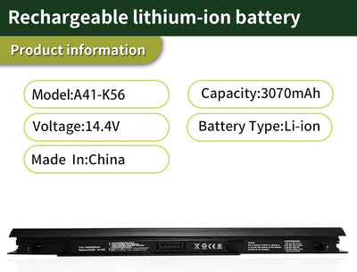 7XINbox 14.4V 44WH 3070mAh A31-K56 A32-K56 A41-K56 A42-K56 Ersatz Laptop Akku kompatibel mit ASUS Vi