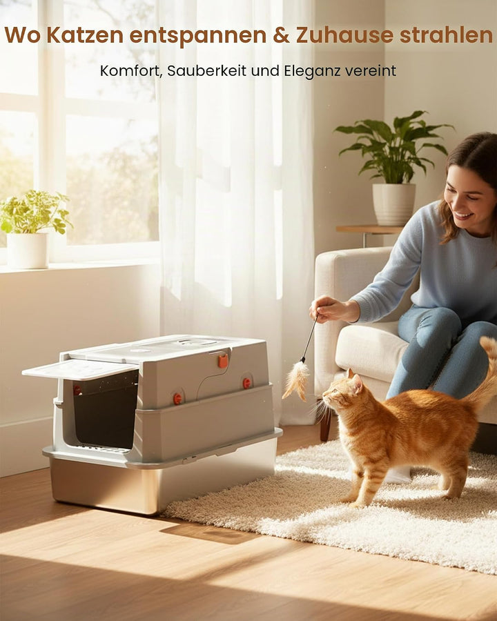 Katzenklo Edelstahl mit Deckel, Katzentoilette Gross XXL mit Schaufel, Vollständig Geschlossenes Kat