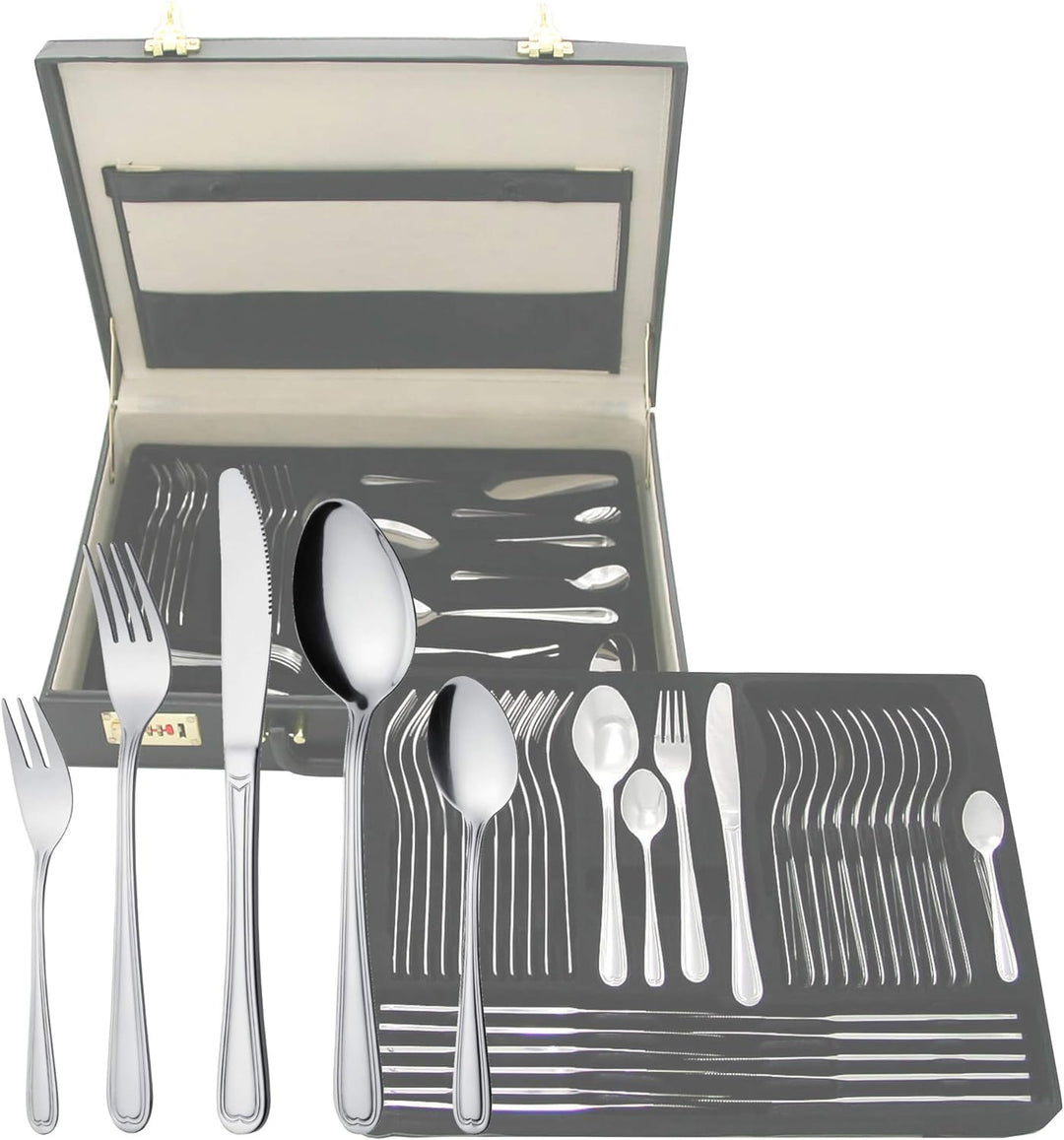 GRÄWE Besteckkoffer für 12 Personen, 100-teilig - Tafelbesteck-Set aus Edelstahl mit Fadendekor - Se