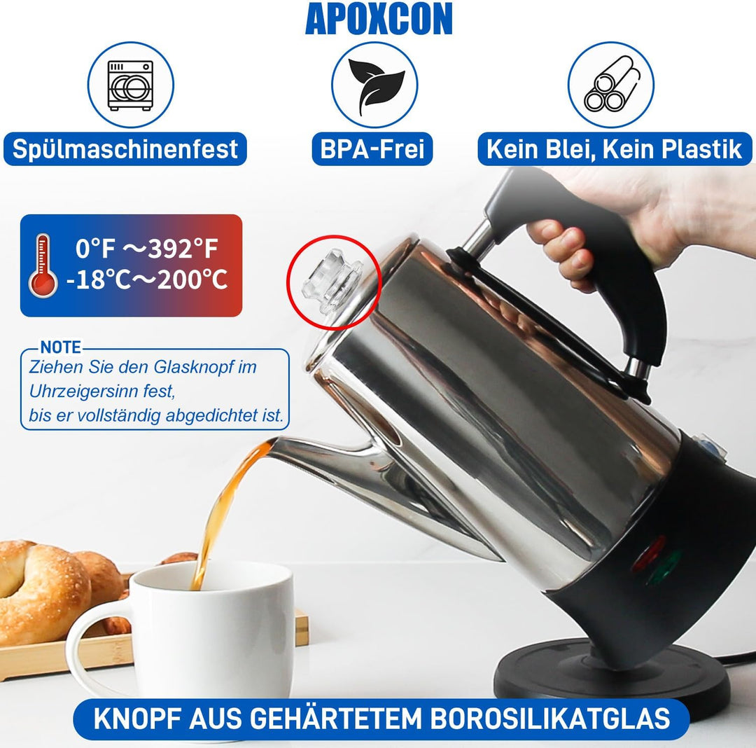 12-Tassen Elektro-Perkolator – CE-Zertifizierter Klassiker mit Schnellbrüh-System, Hitzebeständigem