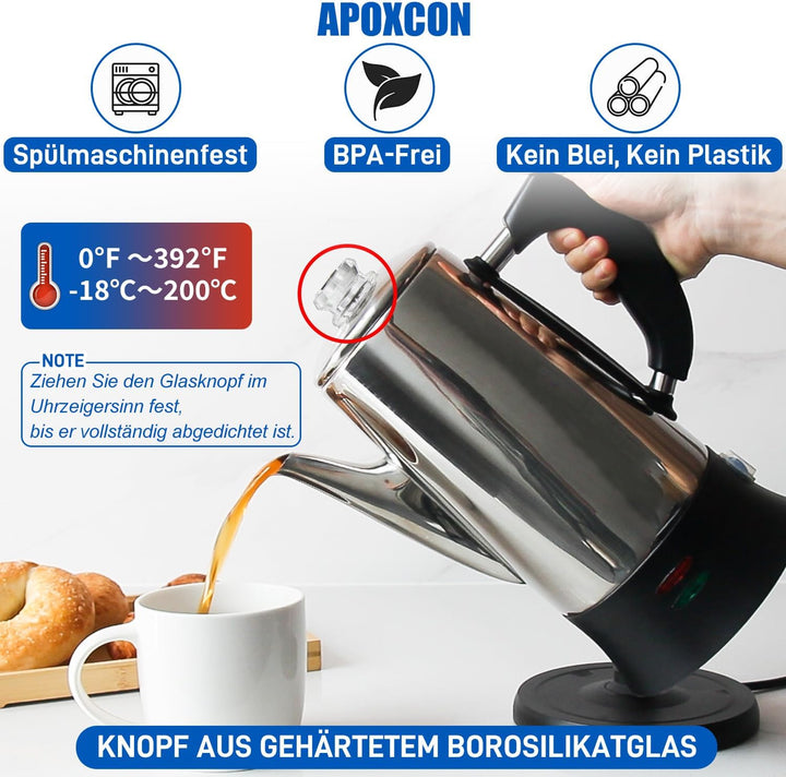 12-Tassen Elektro-Perkolator – CE-Zertifizierter Klassiker mit Schnellbrüh-System, Hitzebeständigem